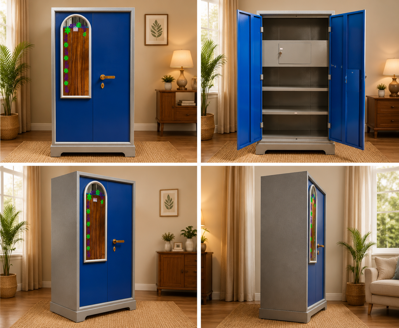 A four-panel collage showing a tall storage cabinet/wardrobe in a furnished room. The cabinet has bright blue doors and a gray side panel/base, with a small arched glass window on the front.