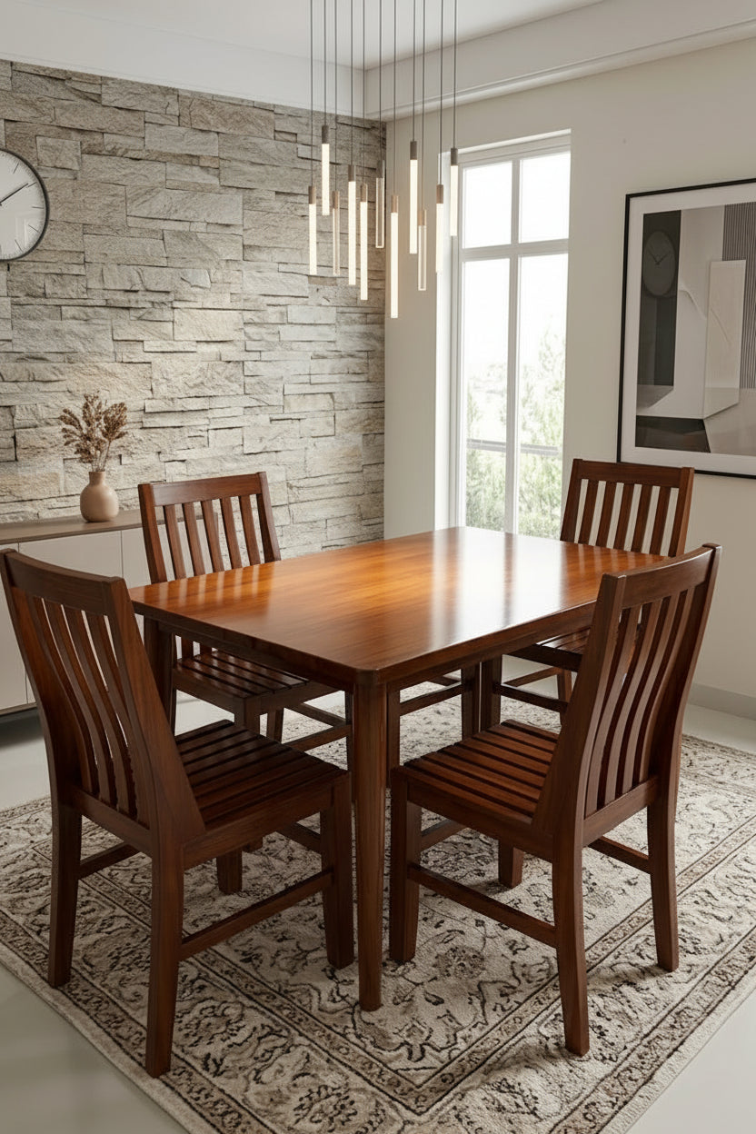 Dining room with wooden table and chairs against a stone wall.
