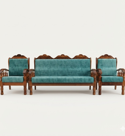 Luxury Teak Wood 5-Seater Sofa Set – Teal Blue