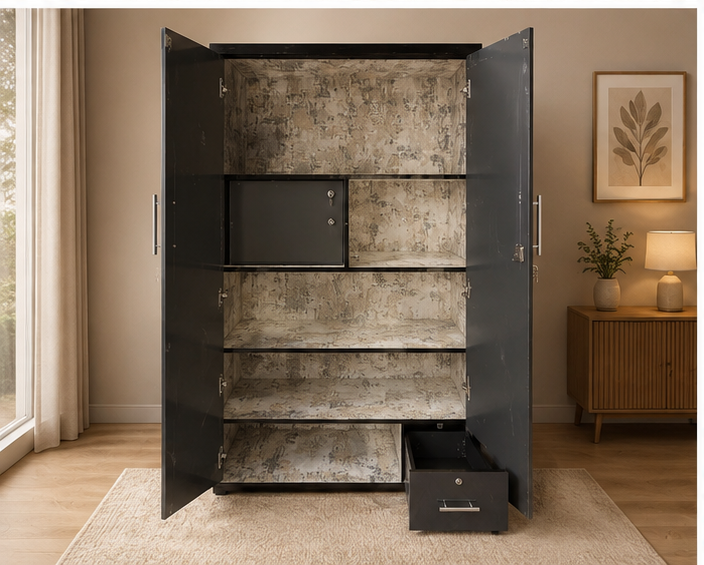 A large black metal storage cabinet with two open doors, showing a textured gray interior with shelves and a small drawer pulled out, set in a warm, modern room with a window, side table, and lamp.