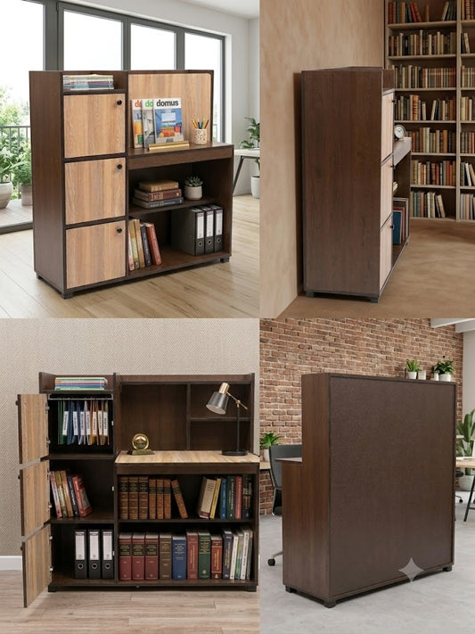 Collage of wooden bookshelves in various settings with books and decor.