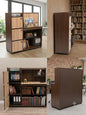 Collage of wooden bookshelves in various settings with books and decor.