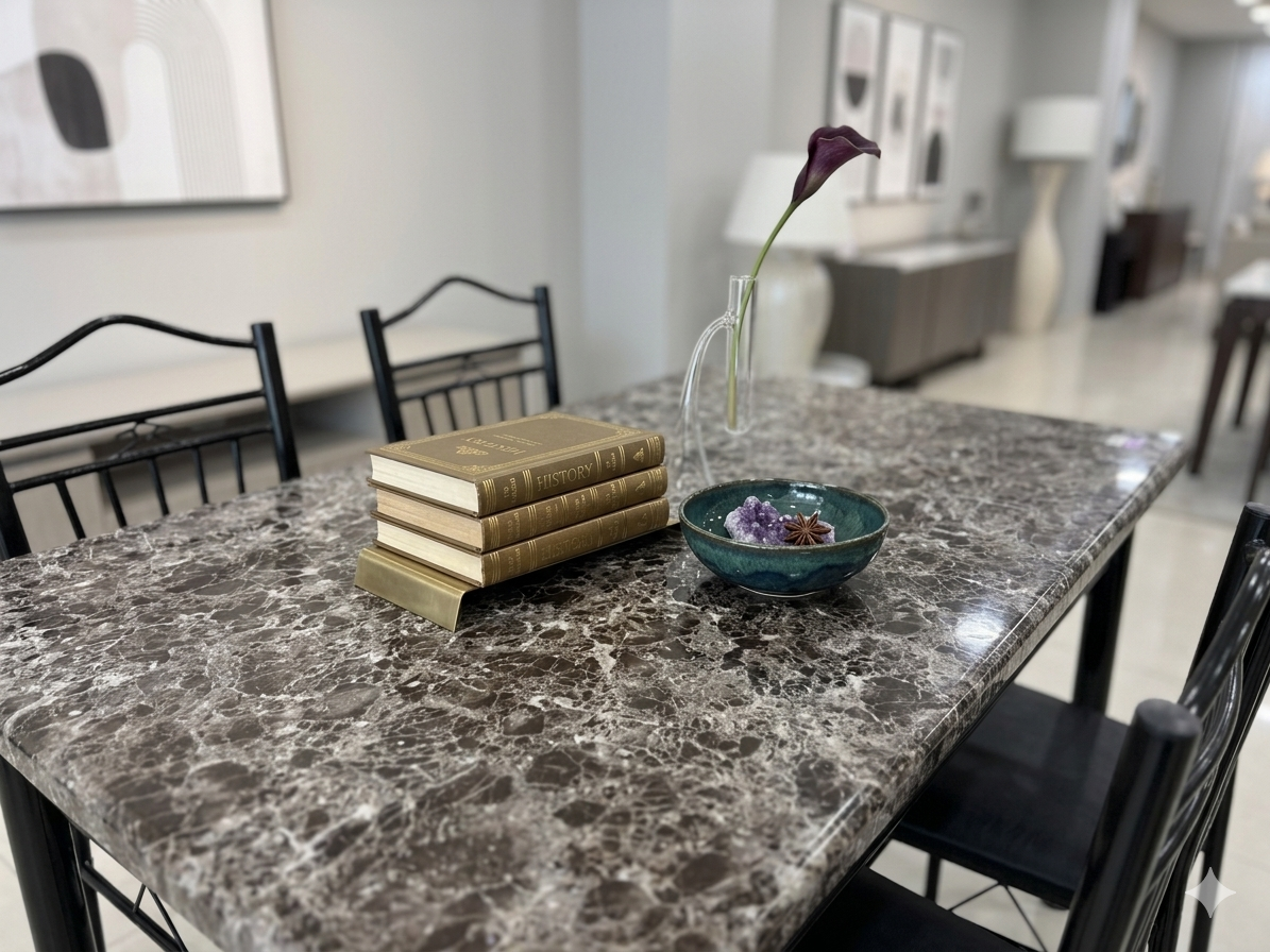 Dining table with books and a vase in a modern living room