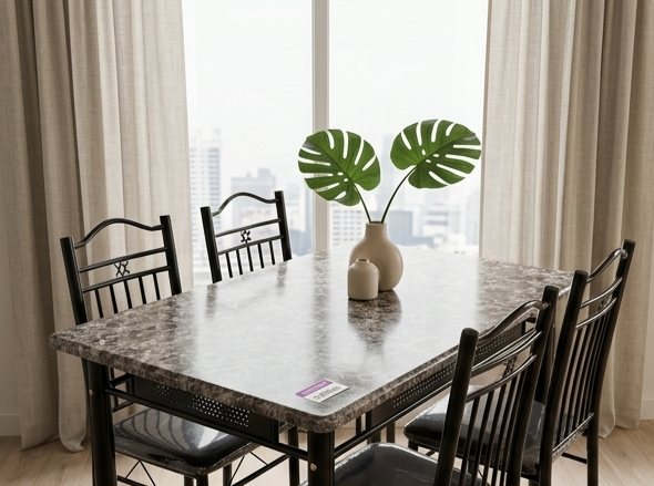 Dining room with a table and chairs near a large window with curtains.