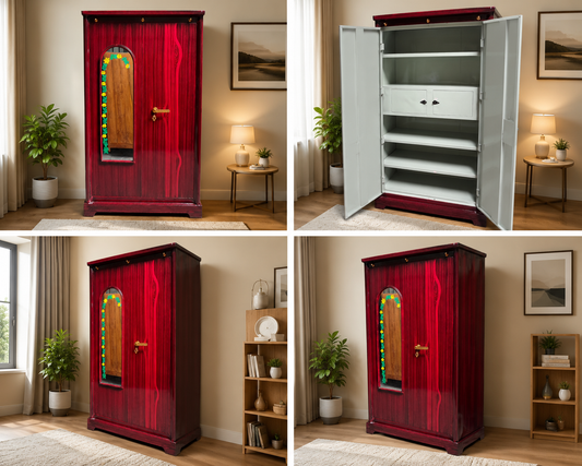 A four-panel collage showing a tall wooden wardrobe/cabinet in a furnished room. Two panels show the cabinet closed with a glossy dark red finish and arched mirror window; one panel shows the doors open revealing light gray interior shelves; another panel shows the cabinet closed from a slightly different angle.