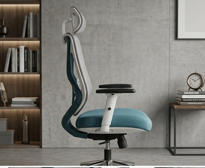 Modern office chair with blue seat in a room with shelves and a clock.
