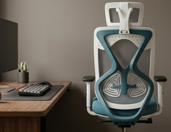 Ergonomic chair in a home office setting with a desk and computer setup.