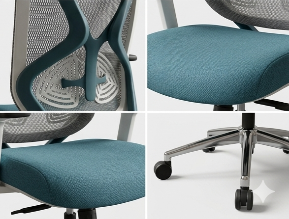 Collage of a teal office chair with mesh back and wheels on a white background