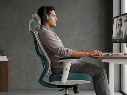 Man sitting on a ergonomic chair using a computer in a home office setting.