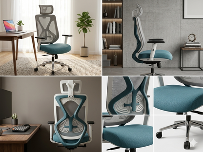 Collage of ergonomic office chairs in various settings