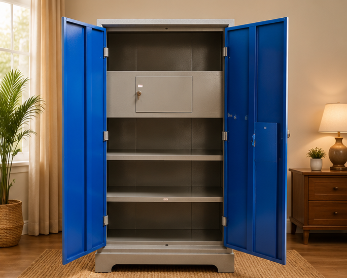 A tall metal storage cabinet with bright blue doors and a gray interior, shown open in a styled room with curtains, a plant, a lamp, and a wooden nightstand.