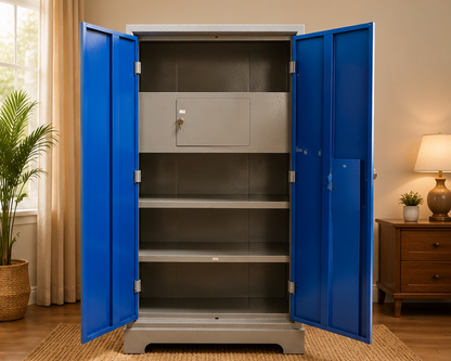 A tall metal storage cabinet with bright blue doors and a gray interior, shown open in a styled room with curtains, a plant, a lamp, and a wooden nightstand.