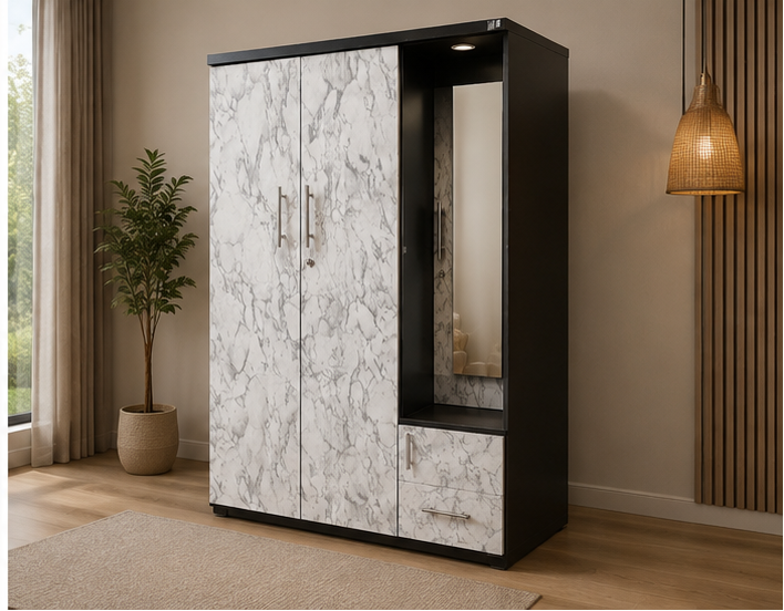 A modern wardrobe with two marble-patterned doors, a black side frame, an open central shelf with a mirror, and a lower drawer, shown in a styled room setting with a plant and pendant light.