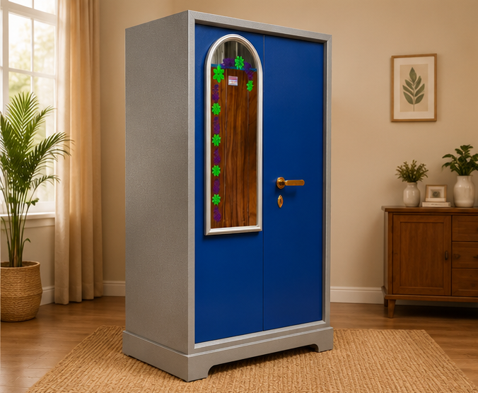 A tall gray and blue wardrobe or cabinet with a decorative arched mirror on the front, shown in a styled room with a window, curtains, a wooden sideboard, and potted plants.