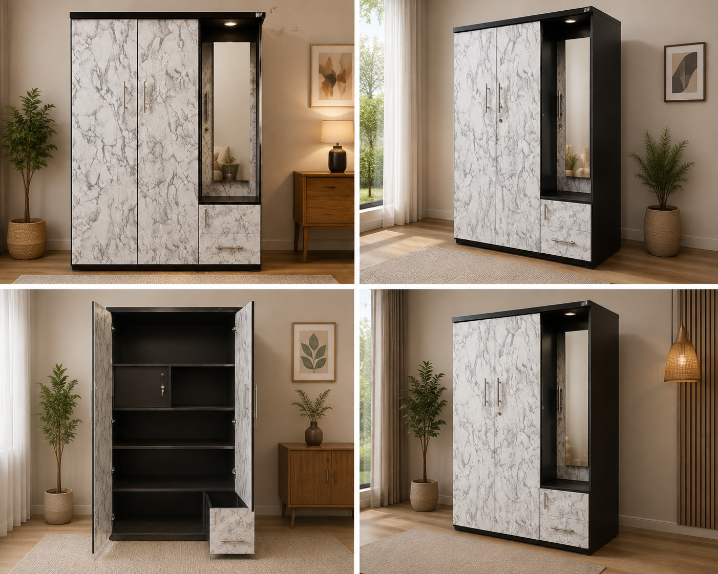 A four-panel collage showing a modern wardrobe or armoire in a styled bedroom setting. The cabinet has a white marble-patterned front, black side panels and trim, and a mirrored door.