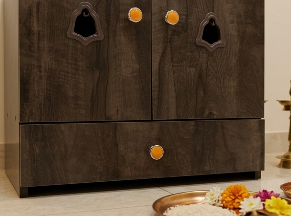 Wooden cabinet with decorative elements on a light background