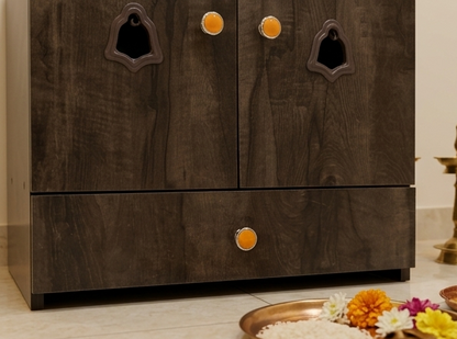 Wooden cabinet with decorative elements on a light background