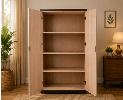 A tall light wood armoire or cabinet with two open doors and four interior shelves, shown in a styled room with a plant, lamp, and framed wall art.