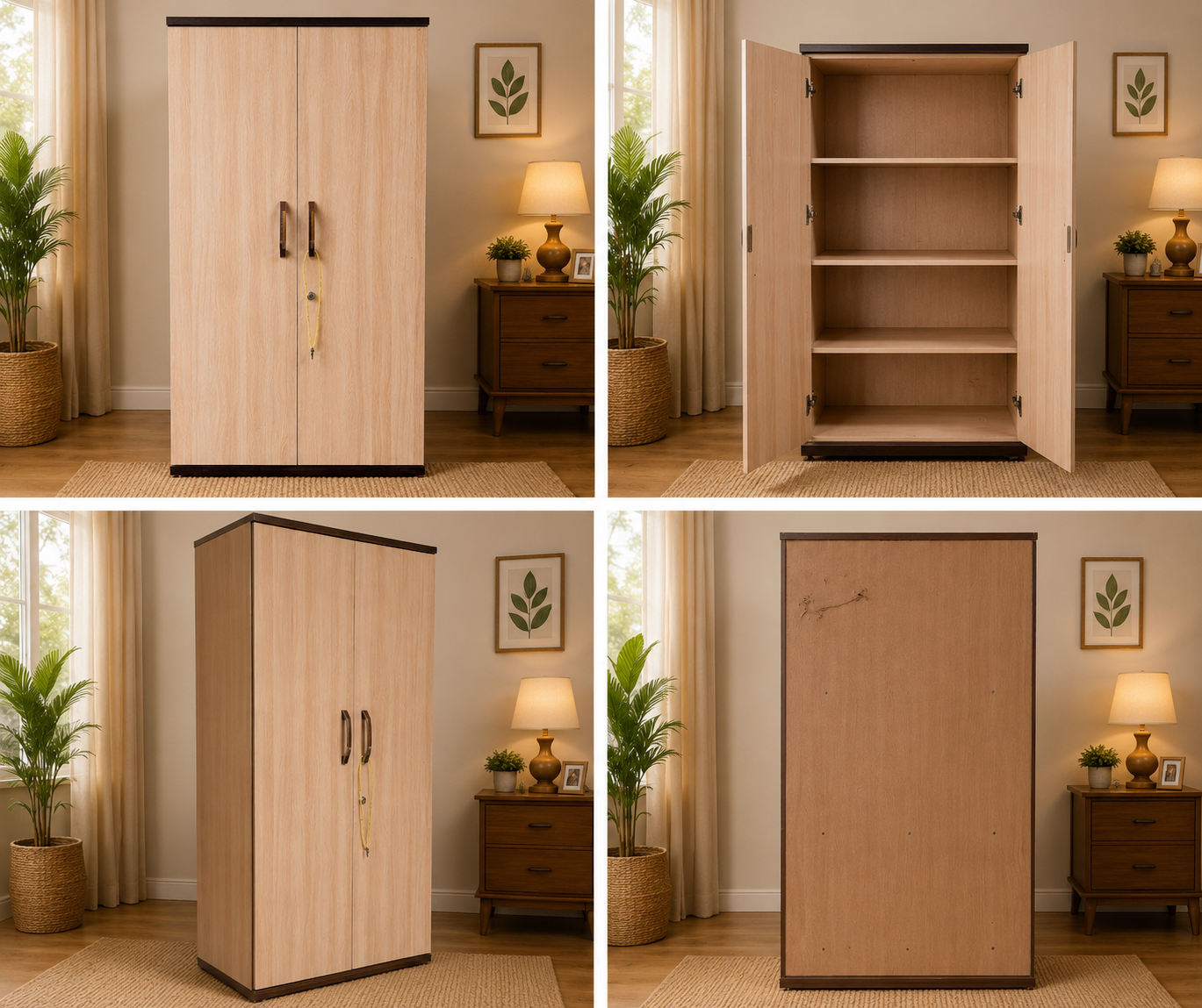 A four-panel collage showing a tall wooden wardrobe/cabinet in a styled room. The cabinet has a light natural wood finish with dark trim and two dark handles, shown closed from the front, open with shelves visible, and from the back.
