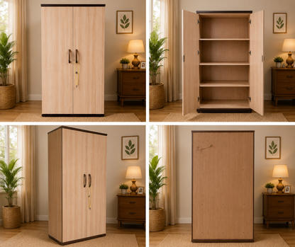 A four-panel collage showing a tall wooden wardrobe/cabinet in a styled room. The cabinet has a light natural wood finish with dark trim and two dark handles, shown closed from the front, open with shelves visible, and from the back.