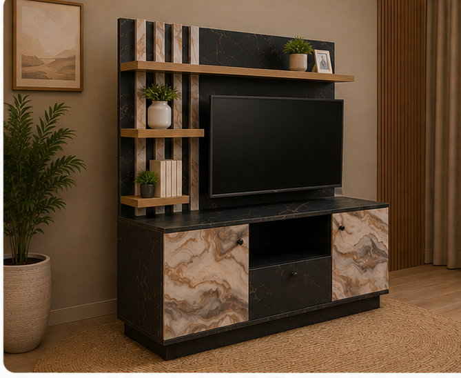 A modern TV stand and media console cabinet in a living room setting. The cabinet features a black marble-look finish with vertical wood slats on the back, three floating wooden shelves with small potted plants and books, and marble-patterned doors on the lower cabinet sections.