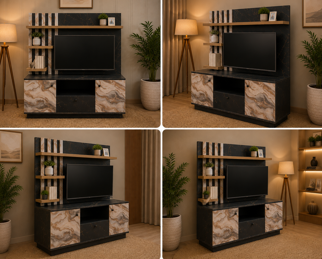 A 2x2 collage showing a modern TV stand and shelving unit in a living room setting. The unit has a black textured finish with light wood shelves and marble-patterned doors.