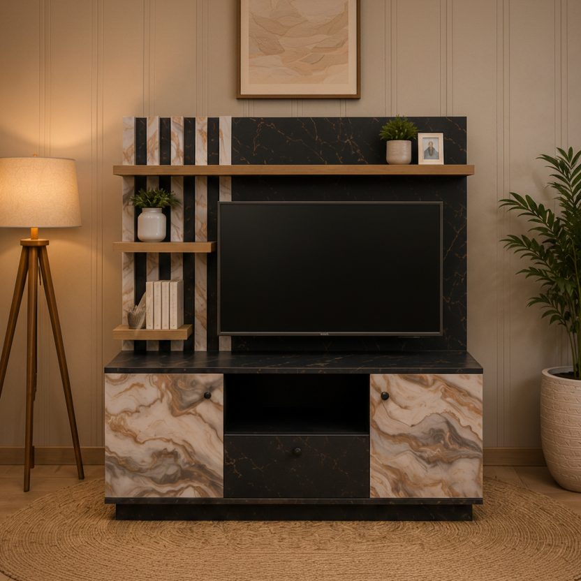 A modern TV stand and media console in a styled living room. The unit features a black marble-look front with warm beige and brown veining, a black marble-look back panel with vertical wood slats, a wooden floating shelf, and a central screen recess.