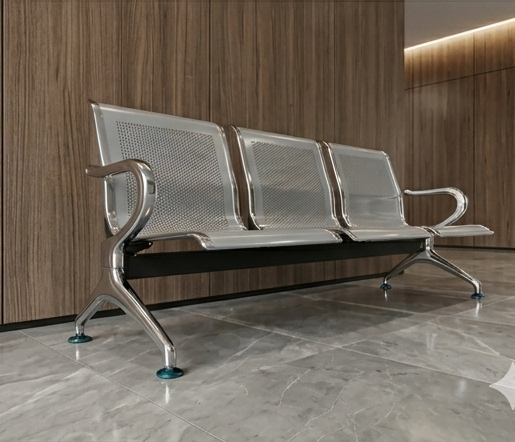 Modern metal bench with mesh backrests in a waiting area with wooden walls.