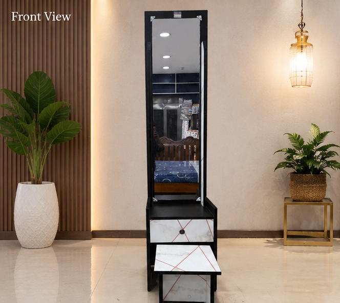 Black and white storage unit with mirror in a room with plants and a lamp.