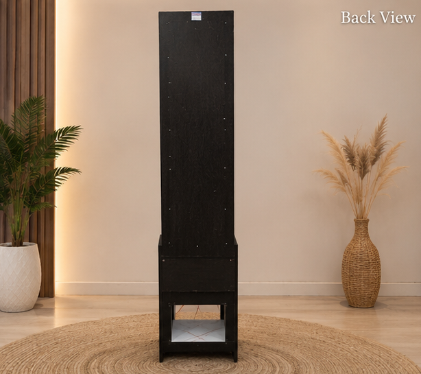 Black tall cabinet with a plant and vase on a wooden floor and beige wall
