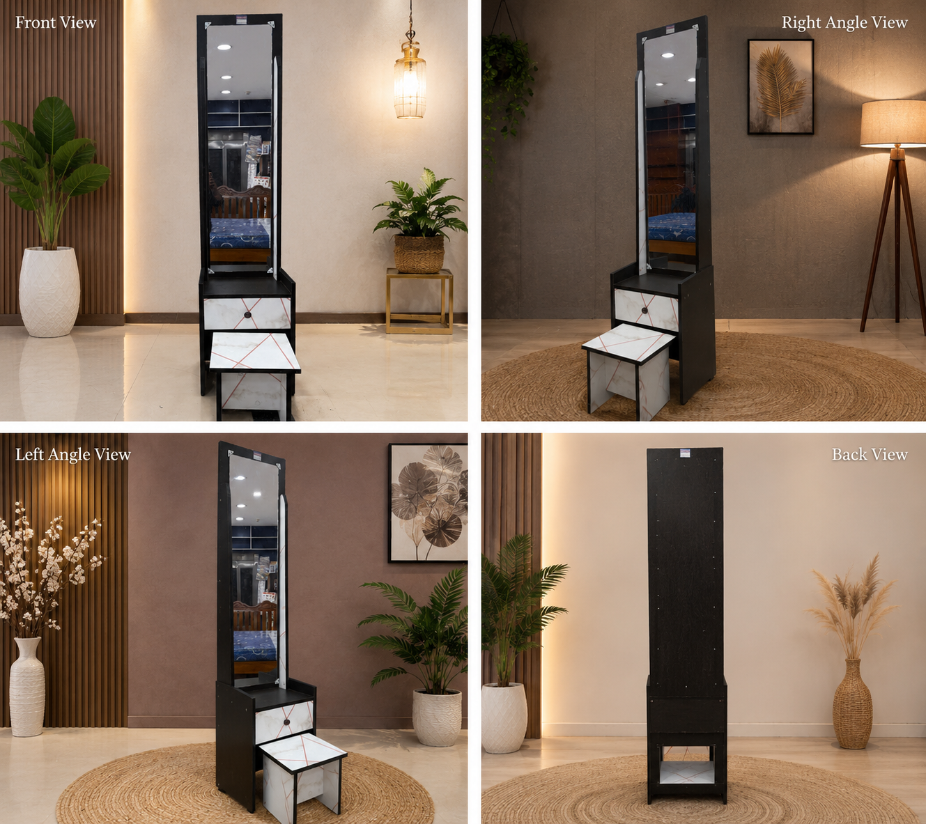 Black and white tall mirror with drawers in a room setting