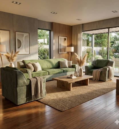 PU Foam Comfort 5-Seater Sofa – Olive Green Edition