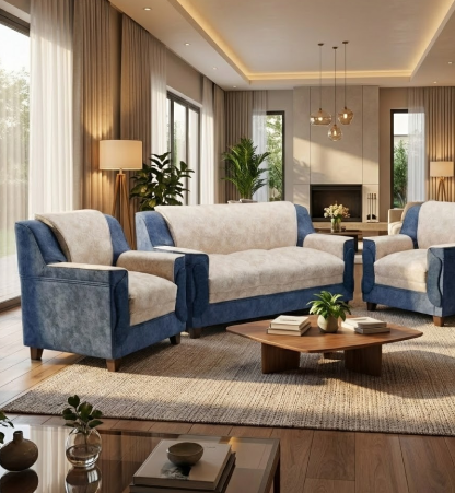 Recron Luxury 5-Seater Sofa – Navy Blue & Cream Edition
