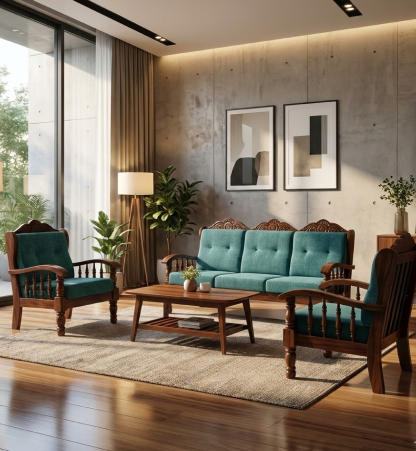 Luxury Teak Wood 5-Seater Sofa Set – Teal Blue