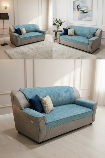 Collage of a sofa with blue cushions in a living room setting.