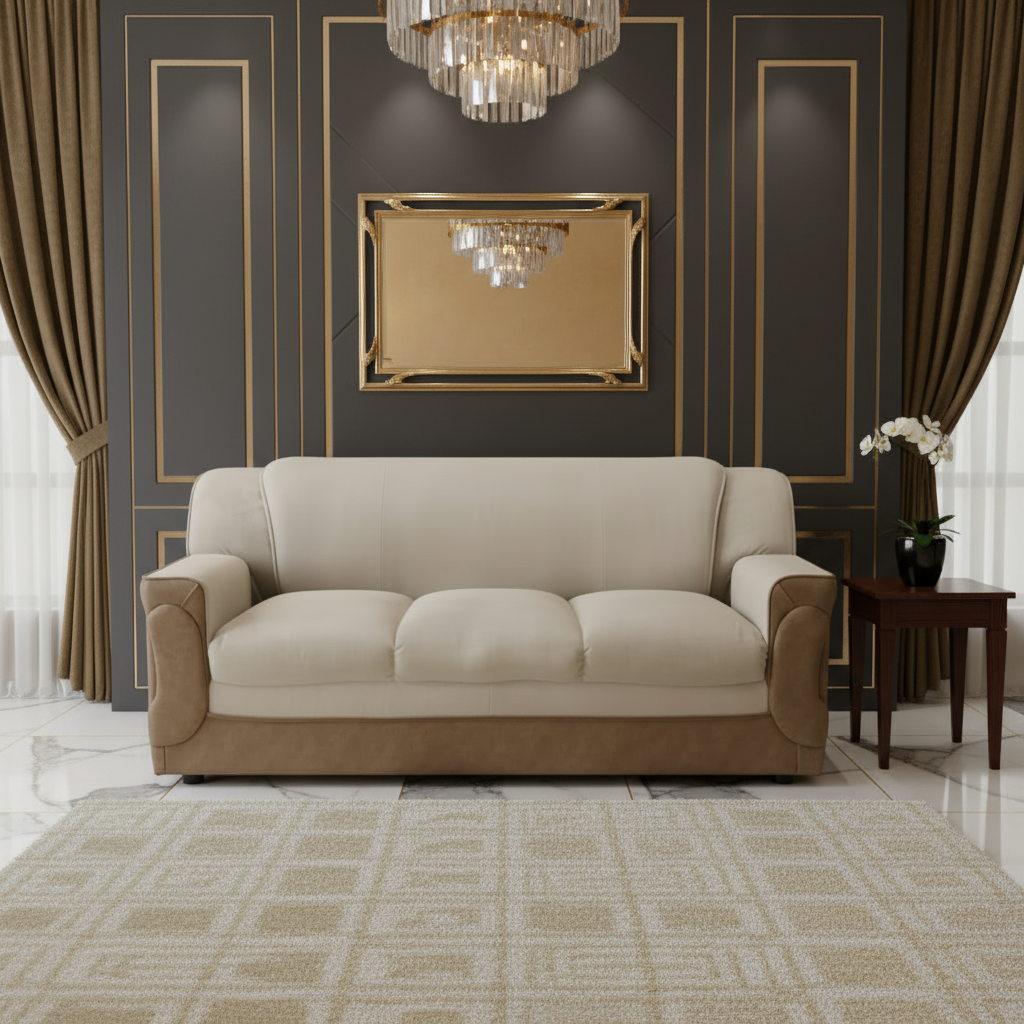 Beige sofa in a room with a textured wall and rug.