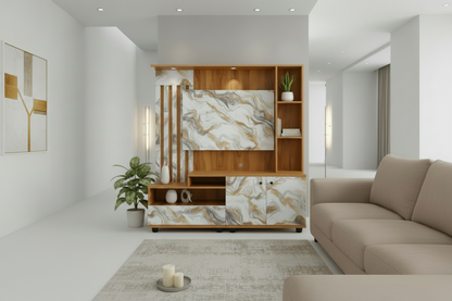 Integrated TV entertainment unit shown from multiple angles on a white background