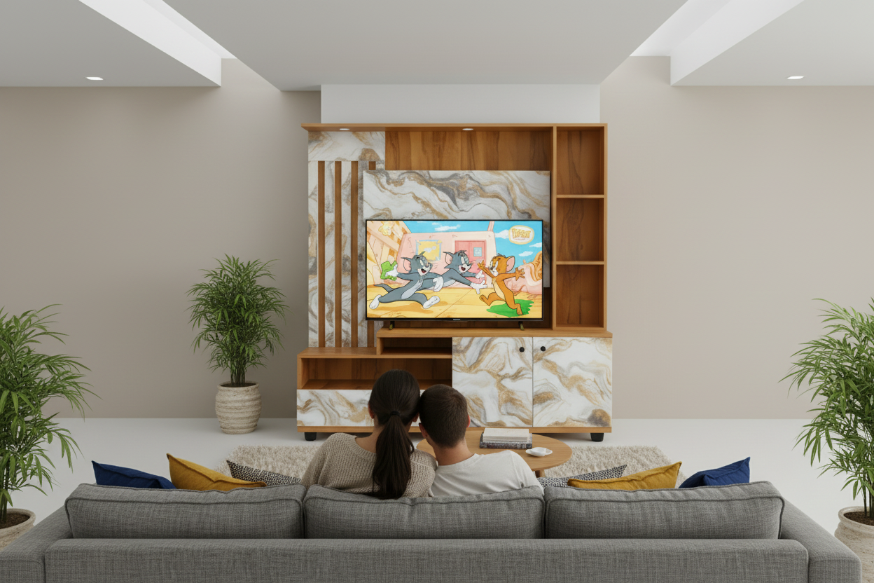 Integrated TV entertainment unit shown from multiple angles on a white background