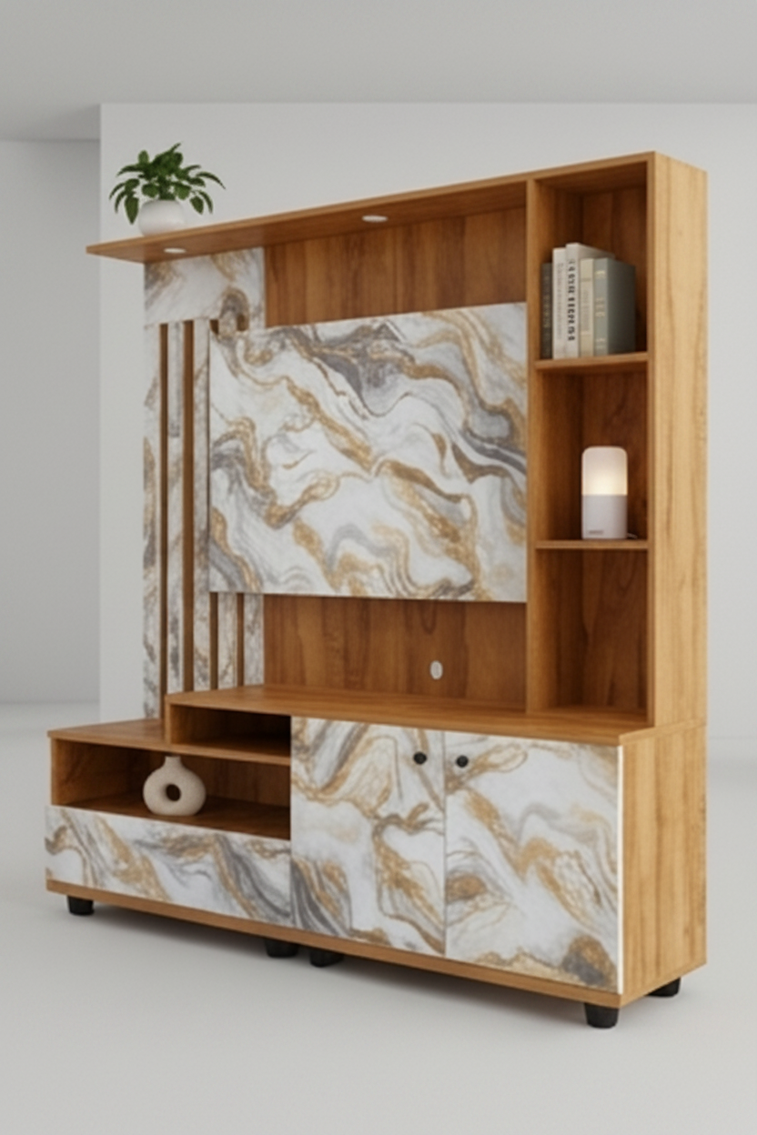 Integrated TV entertainment unit shown from multiple angles on a white background