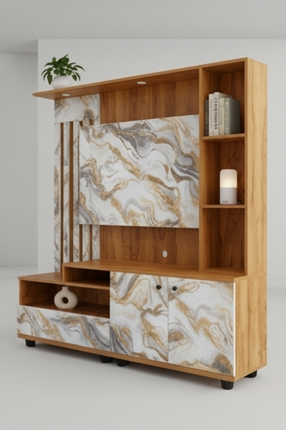 Integrated TV entertainment unit shown from multiple angles on a white background