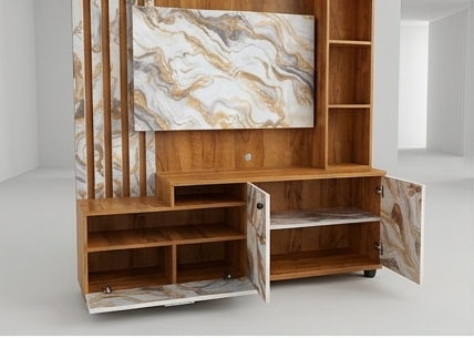 Integrated TV entertainment unit shown from multiple angles on a white background