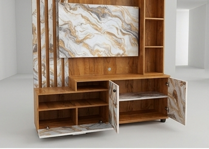 Integrated TV entertainment unit shown from multiple angles on a white background