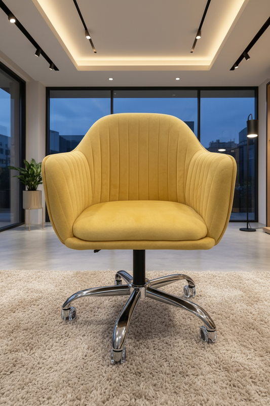 Yellow office chair shown from multiple angles in a modern interior setting.