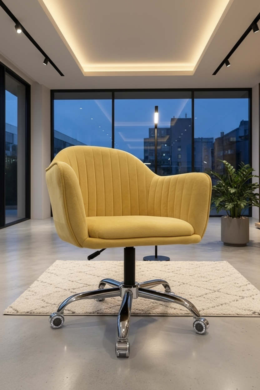 Yellow office chair shown from multiple angles in a modern interior setting.