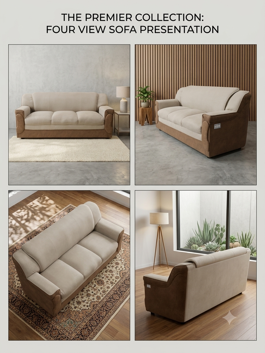Four view collage of a beige sofa in different settings