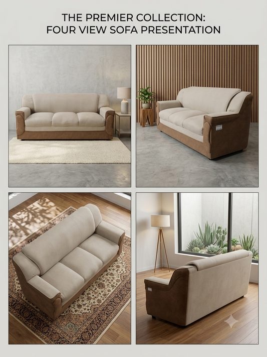 Four view collage of a beige sofa in different settings