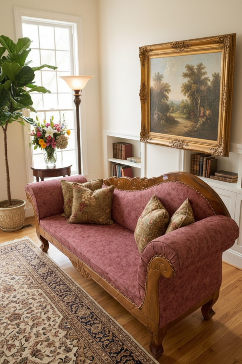 Vintage-style pink sofa with wooden frame on a wooden floor.