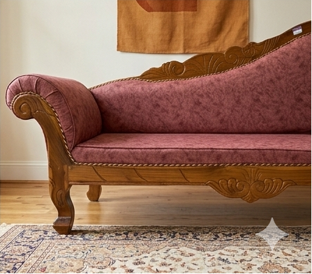 Collage of a vintage-style sofa in various room settings.