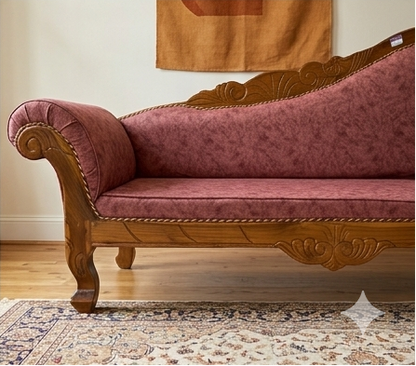 Collage of a vintage-style sofa in various room settings.