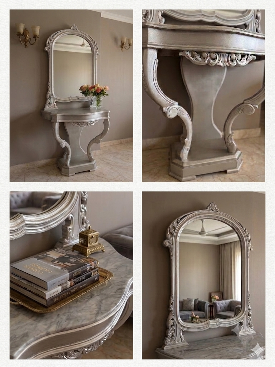 Collage of decorative mirrors and furniture pieces in a room setting.